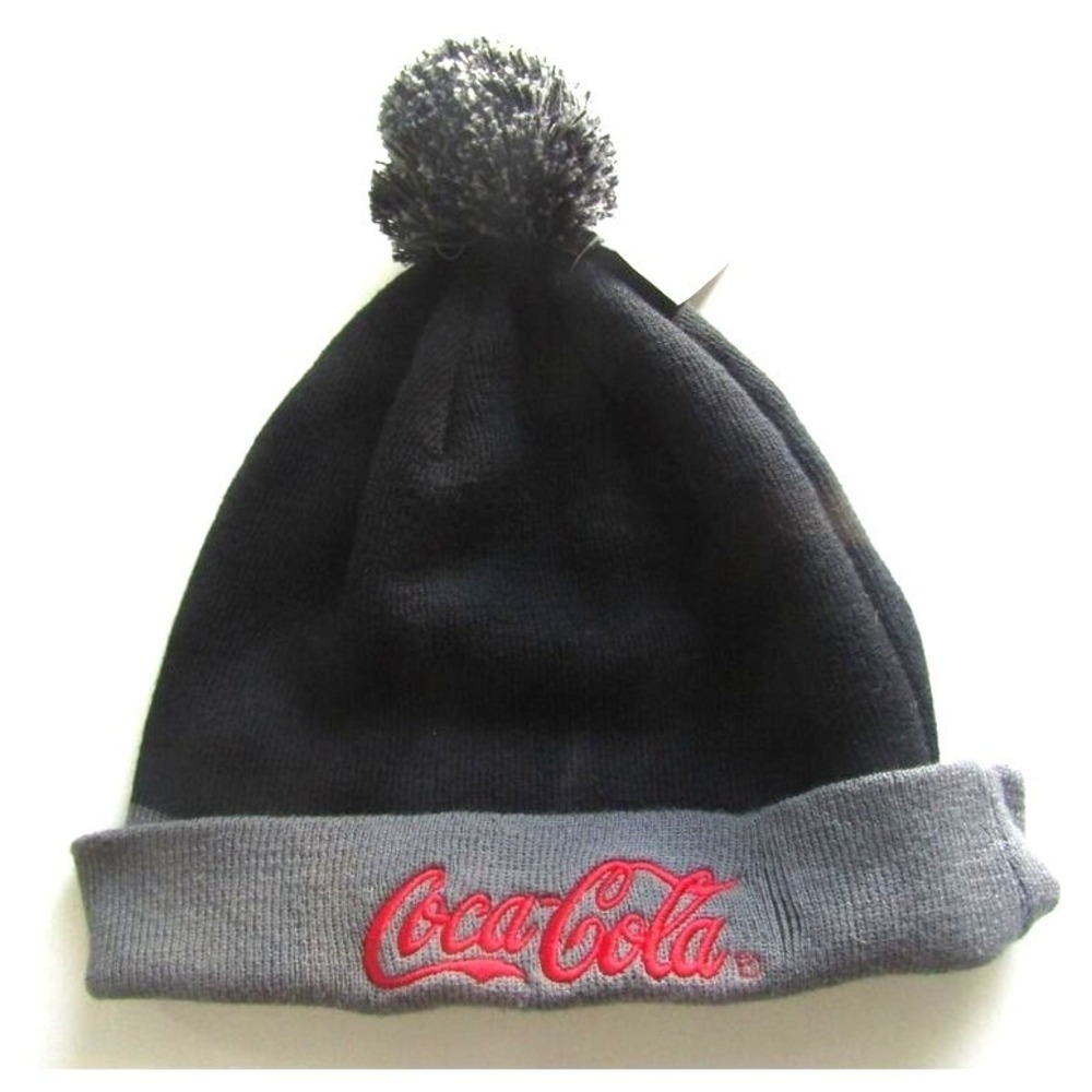 Coca Cola Knit Beanie Hat Black Gray Cuffed Pom Winter Cap One Size